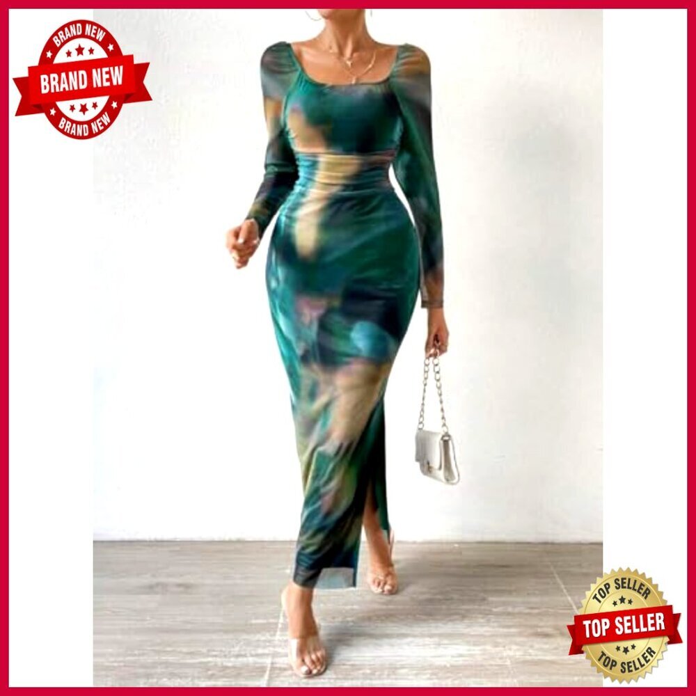 Off Shoulder Maxi Dress Long Sleeve Bodycon Ruched Mesh Elegant Formal - Picture 3 of 7